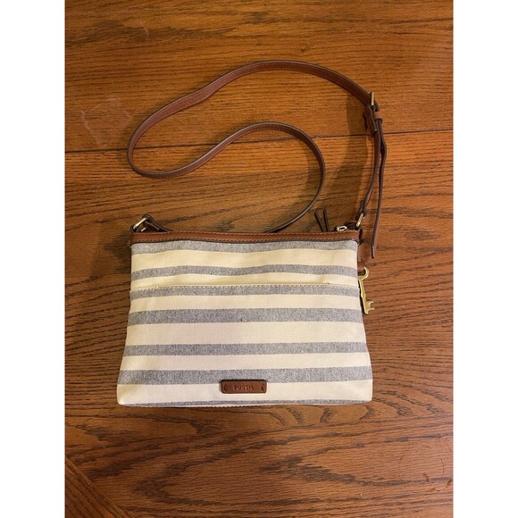 FOSSIL Crossbody Bag Stripe Canvas Rectangle Leather Strap Brown White Key Charm - Picture 1 of 16